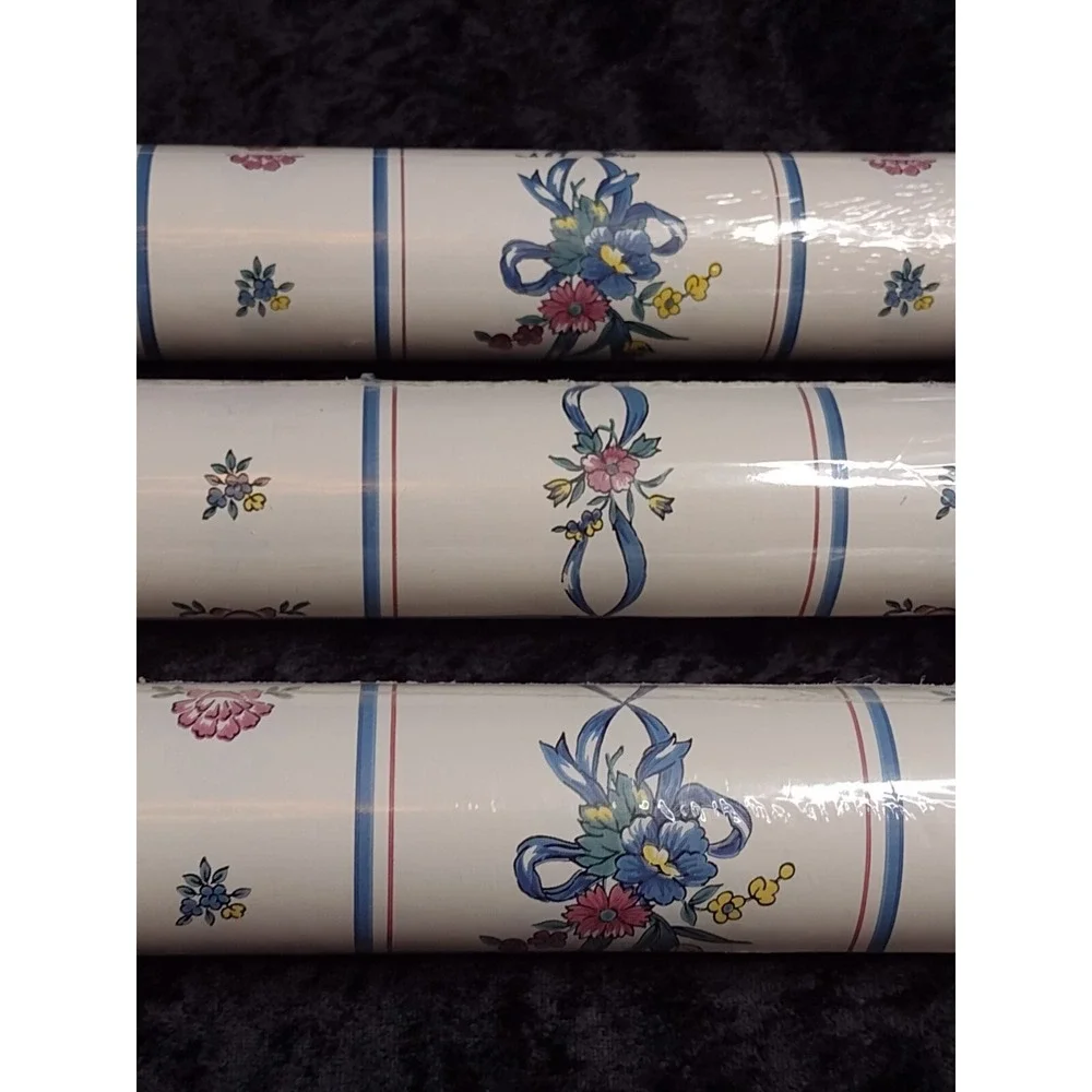 Vintage 3 Rolls Borden Wallpaper Blue Mauve Striped Bows Flowers Cottagecore